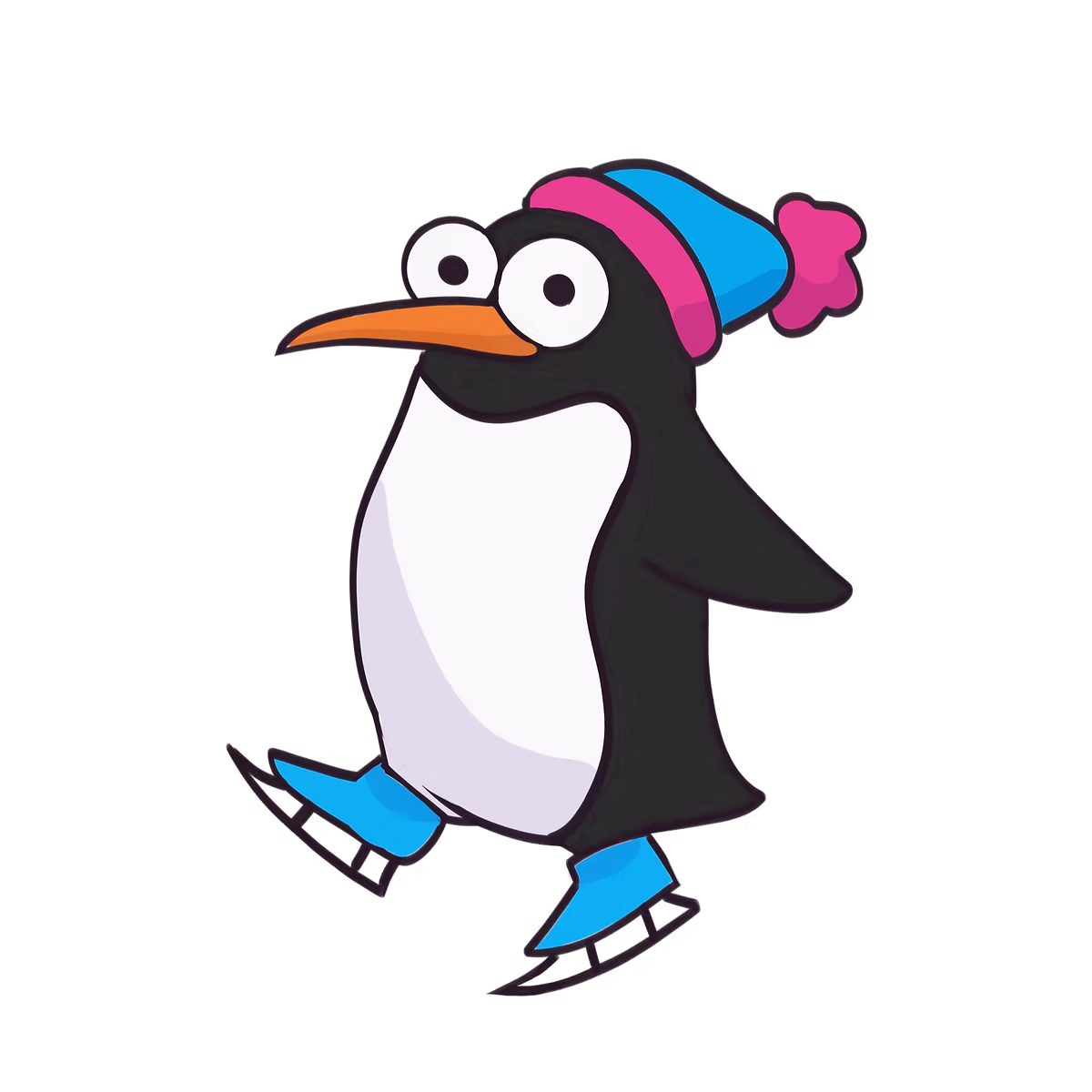 Penny the penguin, the rink's mascot, skating in a pink and blue hat